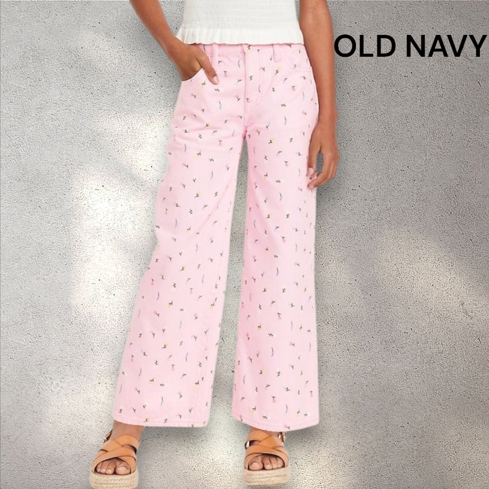 Old Navy Pastel Pink Floral High-Waisted Baggy Wide-Leg Jeans Girls Size 10 - Picture 10 of 10